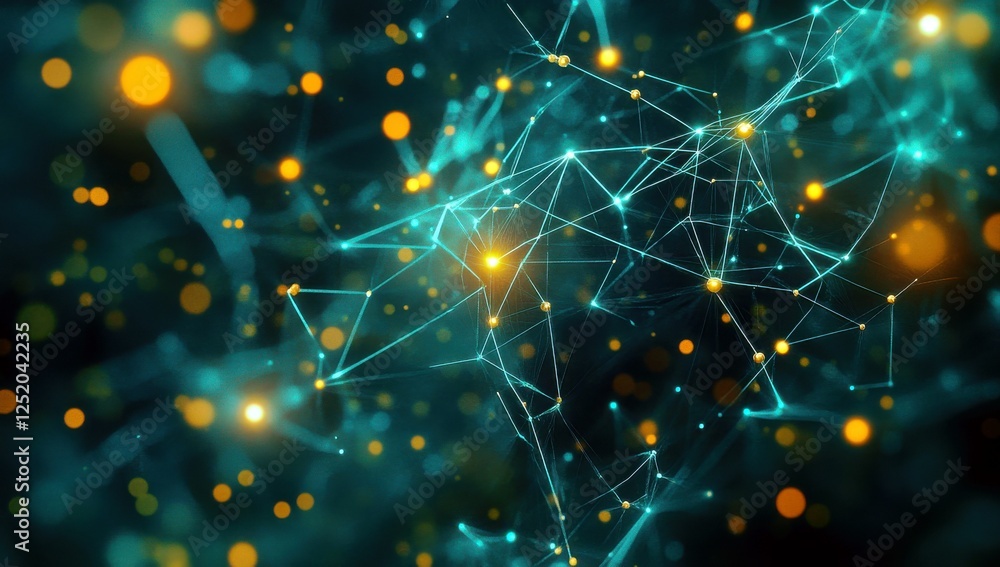 Poster abstract digital network with glowing nodes and intricate connections in a vibrant blue and yellow c