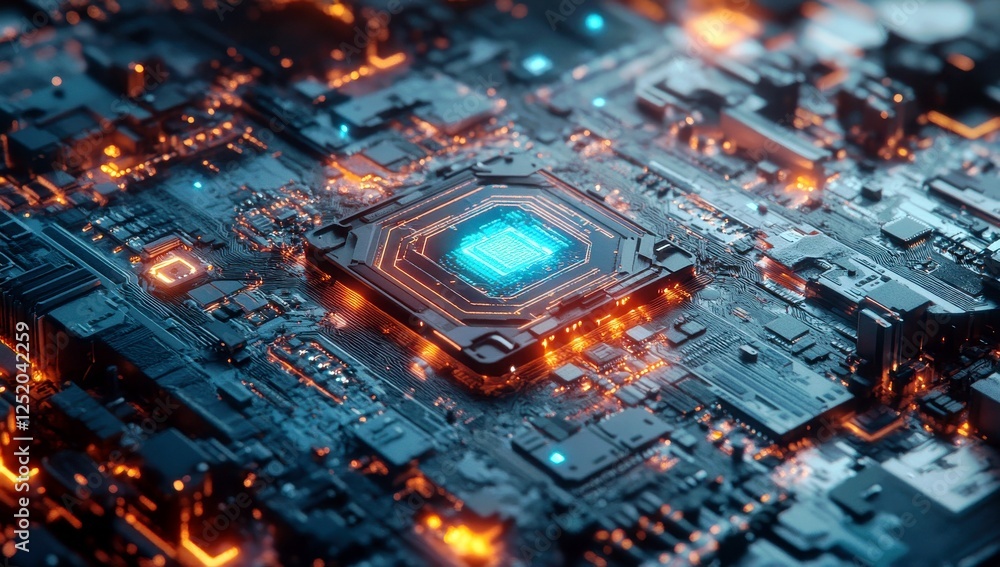 Poster futuristic close-up of a high-tech computer chip surrounded by circuitry and glowing elements in dar