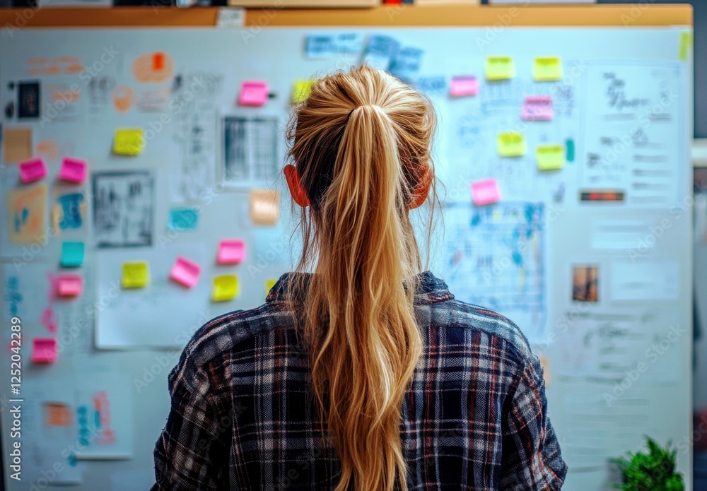 Poster woman analyzing notes and ideas on wall with sticky notes and charts in creative workspace for brain