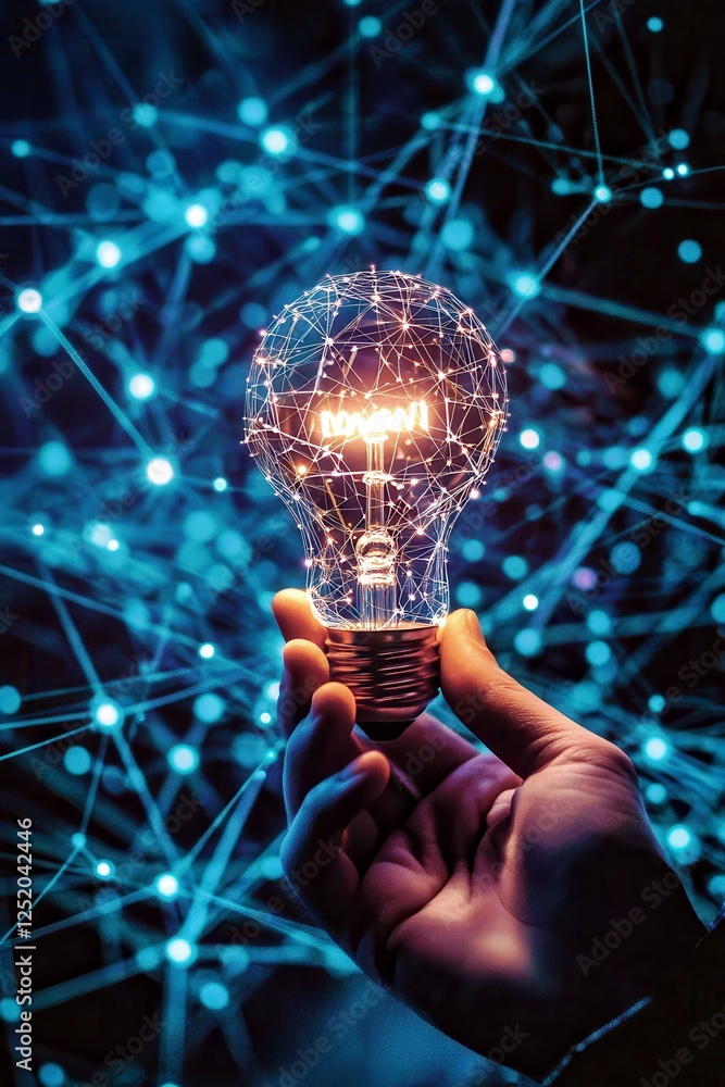 Poster hand holding a light bulb with illuminated filament surrounded by abstract blue connections and neur