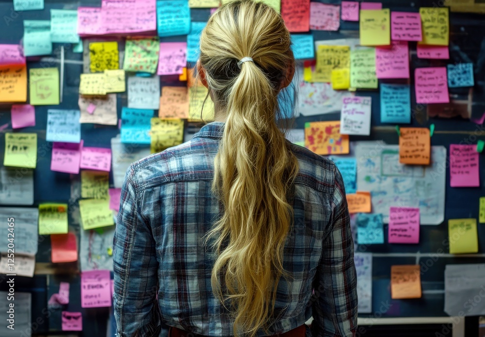 Poster person with long hair standing in front of a colorful wall covered in sticky notes, representing cre