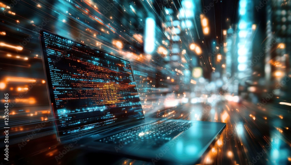 Poster futuristic laptop with streaming data displaying bright lights in a dynamic cityscape environment at