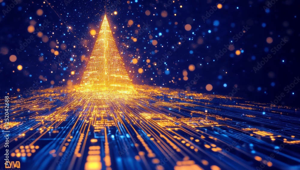 Poster abstract digital pyramid with glowing lights and vivid background representing technology and data f