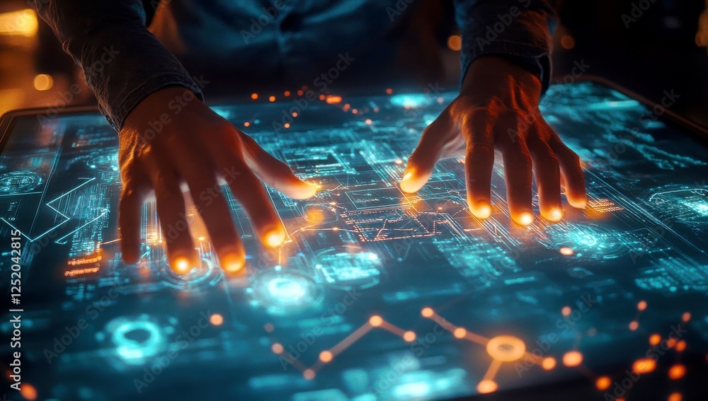 Poster hands interacting with futuristic digital interface, displaying advanced technology and data visuali