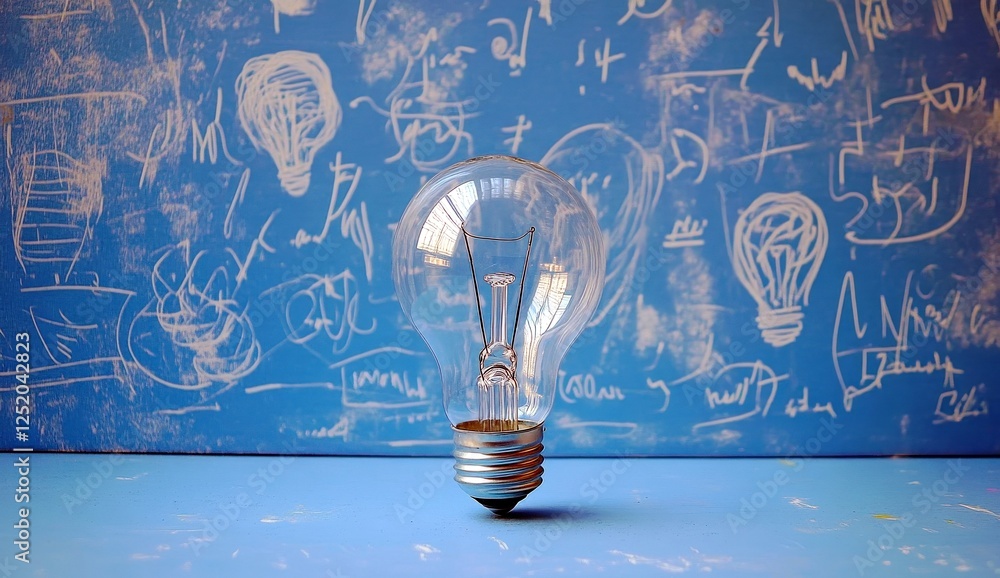 Poster light bulb on blue background with sketches representing ideas, creativity, and innovation in brains