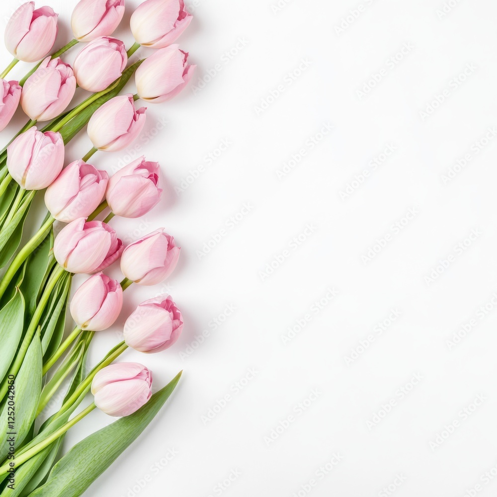 Aufkleber Beautiful pink tulips arranged diagonally across a pristine white backdrop create a stunning visual that is perfect for adding any text or design elements, enhancing the overall layout and impact