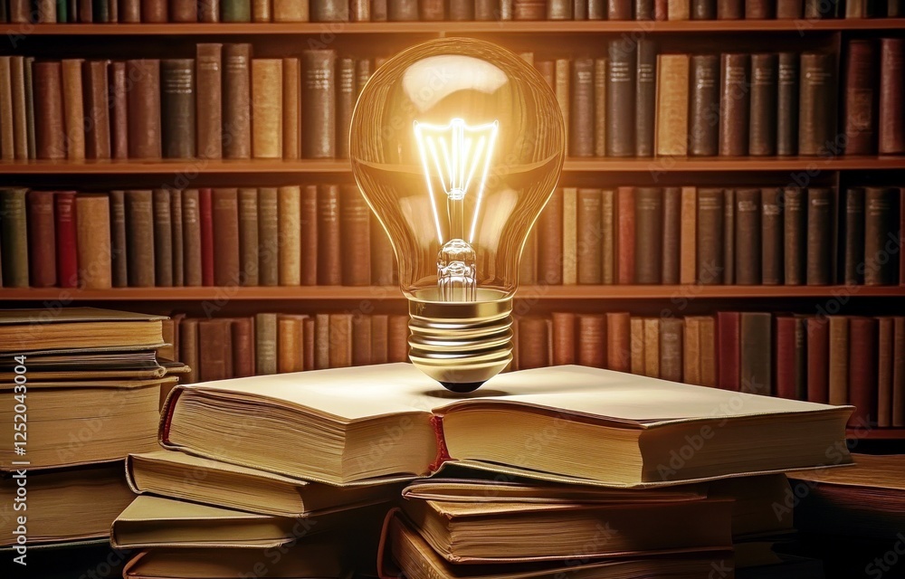 Poster creative concept of knowledge and enlightenment featuring a light bulb above open books on a bookshe