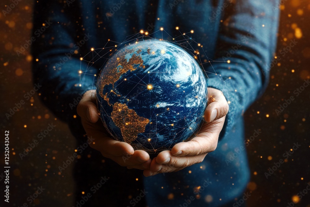 Poster hands holding a glowing globe with a network of lights symbolizing global connectivity and technolog