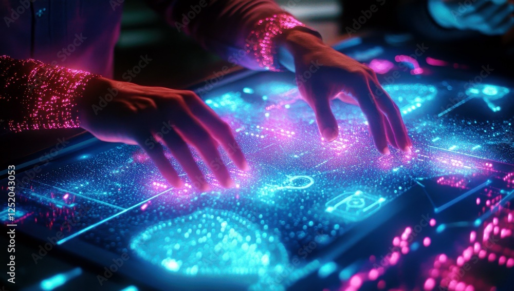 Poster futuristic technology interface with hands interacting, digital display with interactive data graphi
