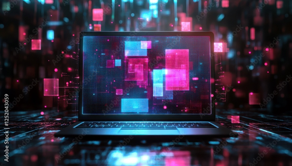 Poster futuristic laptop displaying colorful data visualizations in a digital environment with neon lights 