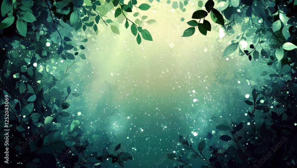 Poster lush greenery with soft light and bokeh effects in an enchanted forest environment for tranquil and 