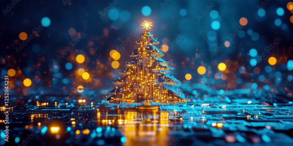 Poster futuristic christmas tree with glowing lights and bokeh effect over digital circuit background for h