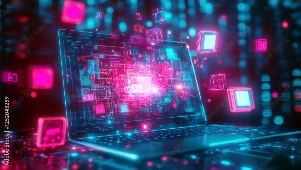 Poster futuristic laptop with glowing digital data blocks, vibrant colors, and abstract technology pattern 