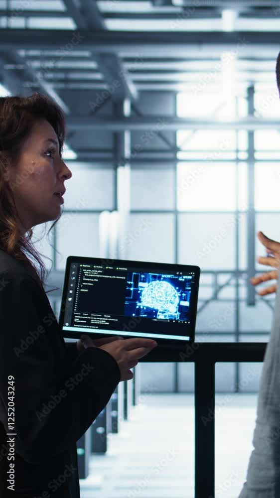 Poster vertical video software developers in data center use ai technology on tablet to optimize storage vo