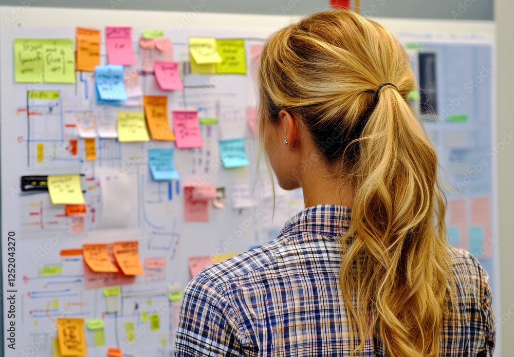 Poster woman analyzing project management board with colorful sticky notes in creative workspace environmen