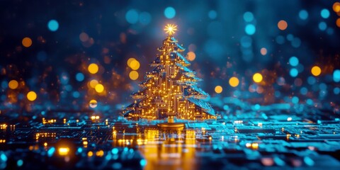 Naklejka premium Futuristic Christmas Tree with Glowing Lights and Bokeh Effect Over Digital Circuit Background for Holiday and Tech-Themed Designs