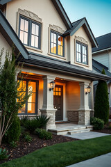Fototapeta premium Luxury Home Exterior at Dusk: Modern Architecture and Landscaping Design