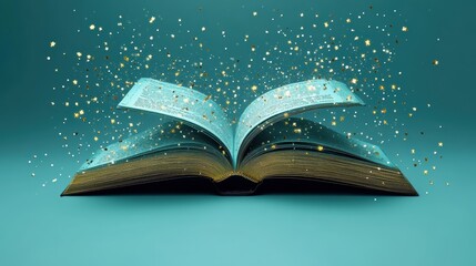 An open book with sparkling particles, symbolizing imagination and knowledge.