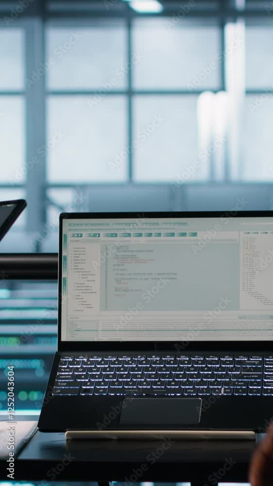 Poster vertical video programmers using ai technology on laptop and tablet in data center employing machine