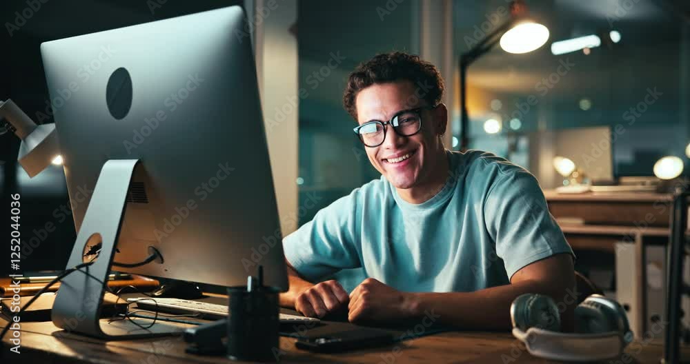 Poster Face, man and computer with smile for coding, programing and software engineer system update. Night, portrait and happy person for project management deadline, partnership and development feedback