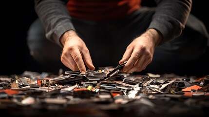 A person sorting through a large collection of broken electronics on a dark surface, showcasing the clutter