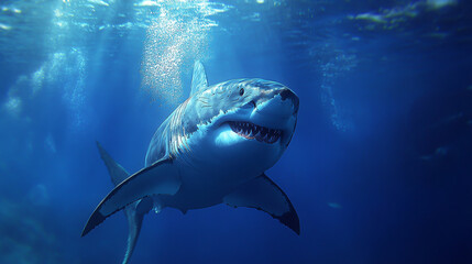 Naklejka premium A great white shark swims gracefully in deep blue waters.