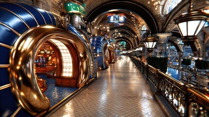 Fototapeta premium Elegant casino corridor, game booths, arches, lights, background water