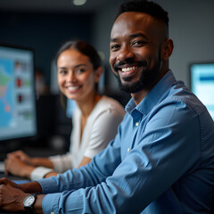 a man and a woman sitting in front of computer monitors