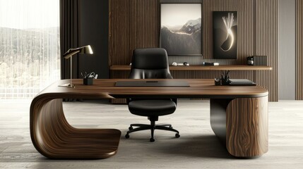 Modern Executive Office Desk Design: Walnut Wood and Black Accents