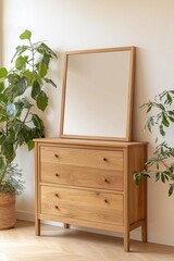 Wooden dresser with mirror and plants, home decor, interior design