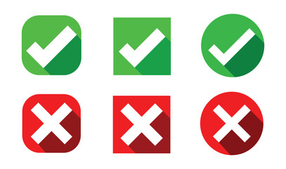 set of green tick and red cross. tick and cross in green and red color. right and wrong in 3d style.  checkmark and cross mark, yes and no icon button. 