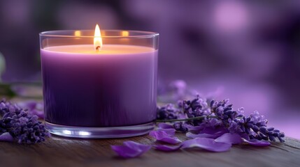 Lit purple candle in a glass holder surrounded by lavender flowers and petals on a wooden surface, creating a calming and serene atmosphere