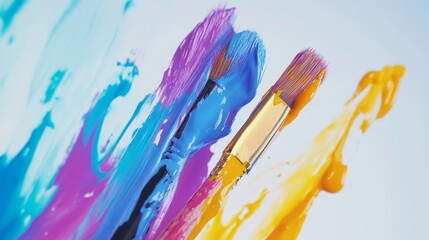Obraz premium Row of artist paintbrushes closeup on white. Artistic brushes smeared with paints on white background.