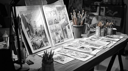 Black and White Comic Book Artist Workspace