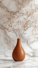 Elegant brown vase with dried flowers against a marble backdrop in a modern setting