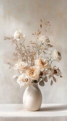 Elegant floral arrangement in a soft color palette on a neutral background