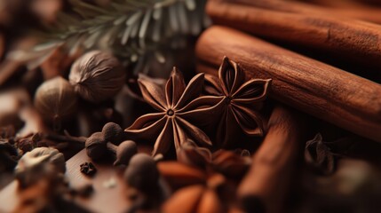 Aromatic spices arranged beautifully on a wooden surface capturing warmth and texture