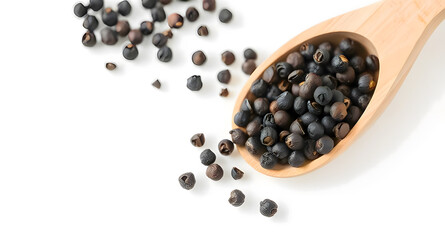 Black peppercorns in wooden scoop isolated on transparent background