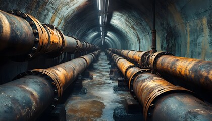 A dark, industrial underground tunnel showcasing rusty pipes extending into the distance, highlighting the beauty of decay and the engineering marvel of infrastructure.