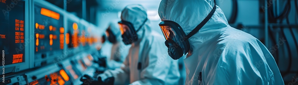 Poster a group of scientists in protective gear working diligently at a high-tech laboratory, analyzing com