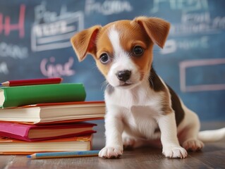 Cute puppy interacts with school supplies in a lively classroom setting