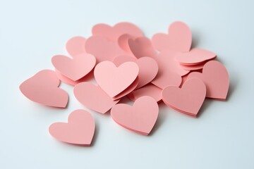 Pink heart-shaped notes scattered on a light background for decoration or reminders