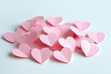 Pink paper hearts scattered on a light background for decorative purposes during celebrations