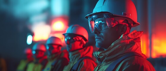A group of workers in protective gear stands in a dimly lit industrial environment, showcasing the importance of safety and teamwork in high-risk settings