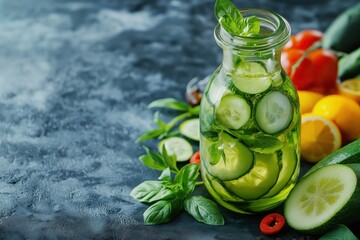Refreshing cucumber and basil beverage with colorful fruits on a dark background