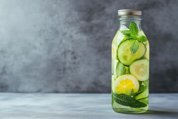 Refreshing homemade cucumber and lemon infused water in a glass bottle