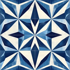 A geometric design features a blue star shape, surrounded by varying shades of blue and white