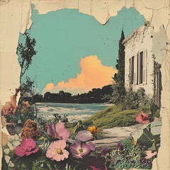 Beautiful landscape with vibrant flowers and an old building near a serene body of water