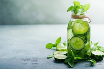 Refreshing cucumber and mint drink in a glass bottle on a textured surface