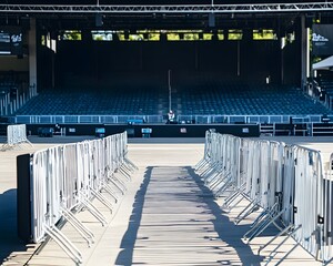 Fototapeta premium A picturesque view of an empty outdoor concert venue, showcasing the stage and bleachers, lined with barriers ready for an upcoming event, capturing a serene yet anticipatory atmos